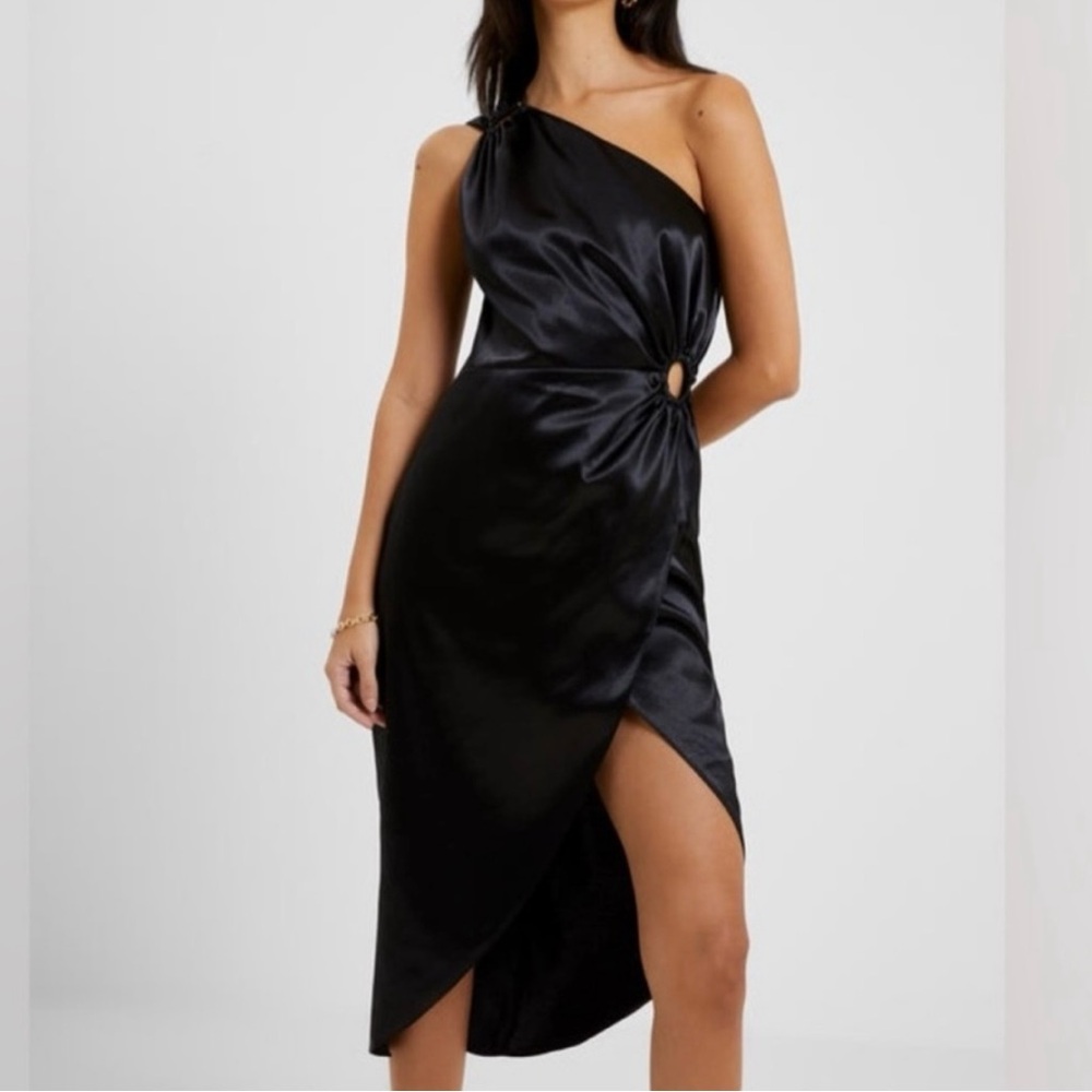 NWT French Connection Adeline Satin Side Slit Midi Dress One Shoulder Black 8‎